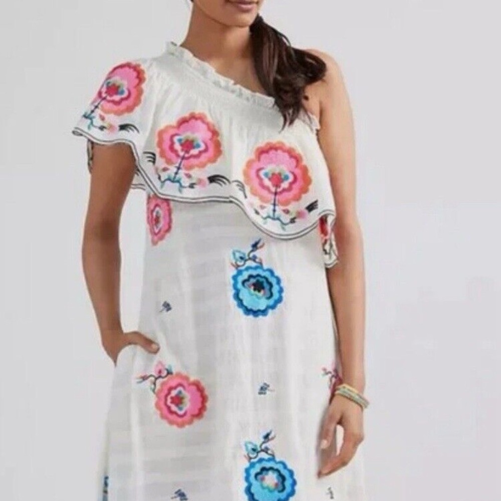 Anthropologie Plenty by Tracy Reese Embroidered Folder One Shoulder Dress M - Picture 2 of 7